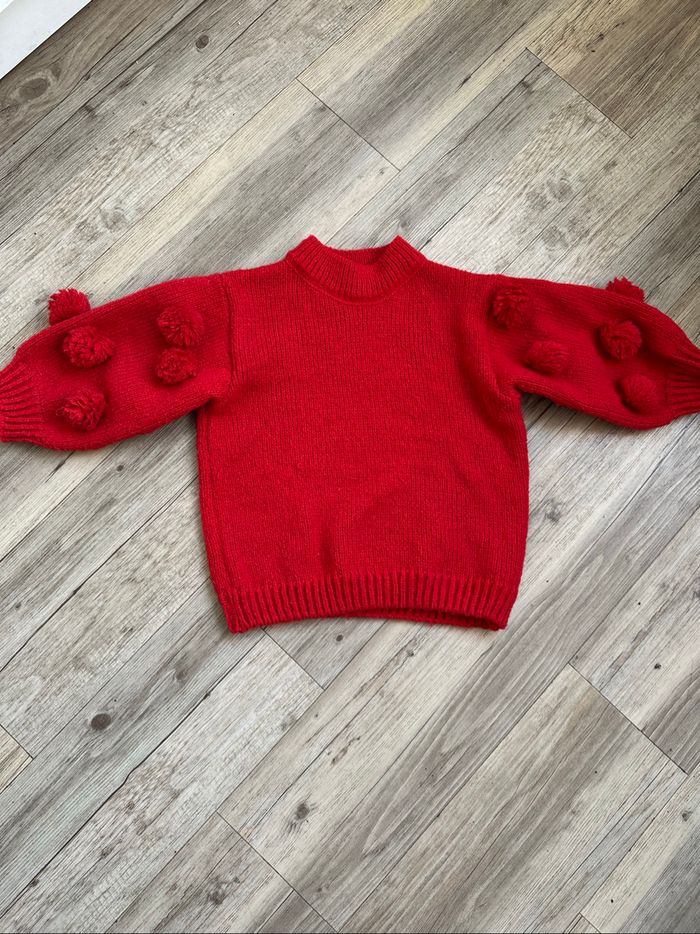 Pull rouge manche pompons 3 ans fille - photo numéro 5