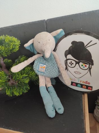 peluche moulin roty éléphant sous mon baobab bleu gris doudou  DD000346