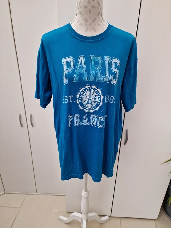 T-Shirt Bleu Imprime Blanc Délavé Paris