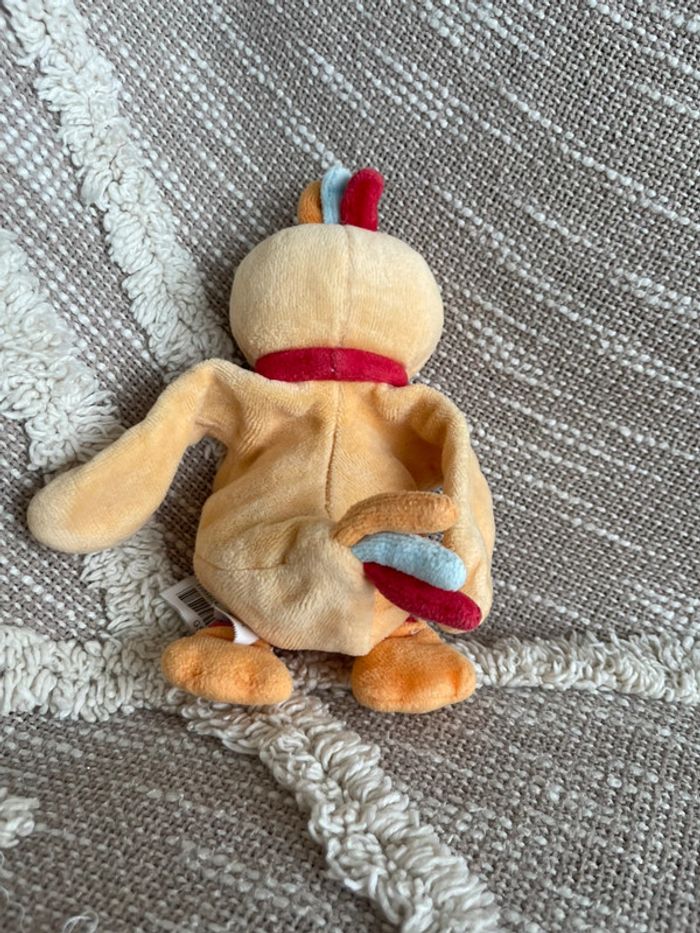 Peluche doudou mouchoir 16cm sucre d’orge poule poussin oiseau jaune et rouge très bon état - photo numéro 5