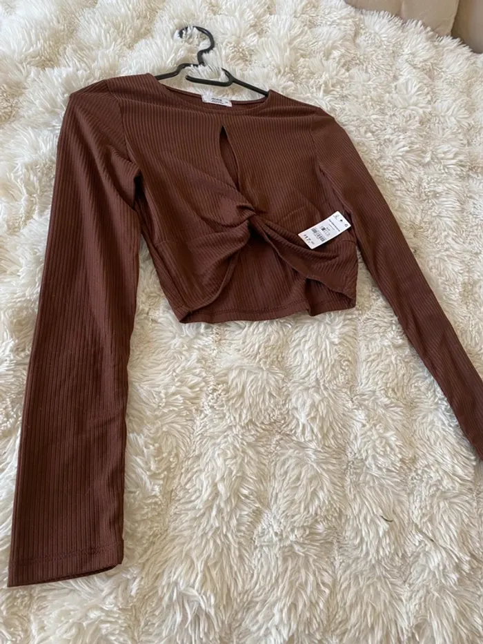 Haut marron manches longues façon crop top taille S - photo numéro 3
