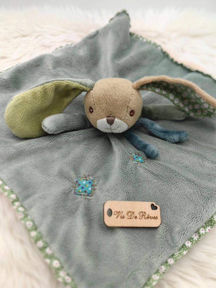 Doudou Plat Lapin Vert Beige Fleur Carré Bukowski - photo numéro 2