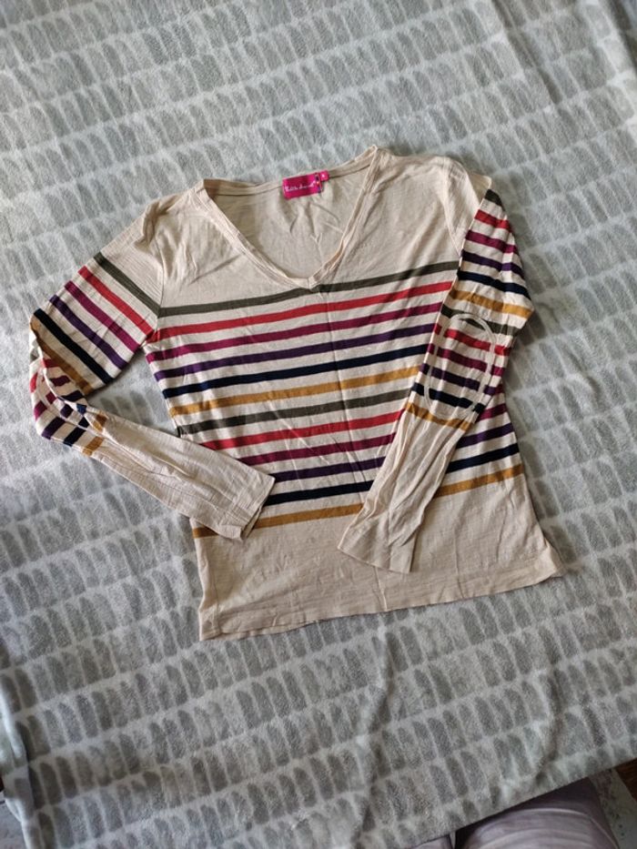 Tee-shirt manches longues beige rayures multicolores Little Marcel taille S 36 - photo numéro 2
