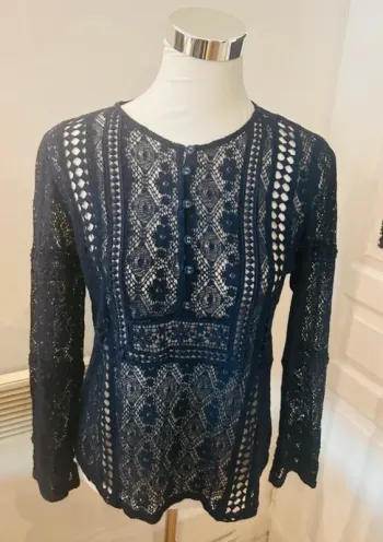 Nina Kaufmann, blouse top haut invisible dentelle bleue femme, taille 36/S