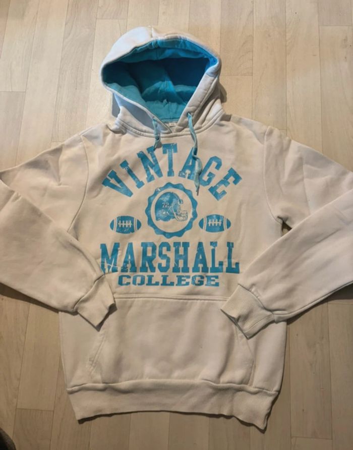 Sweat blanc et bleu XS marshall à capuche avec poche devant très bon état
