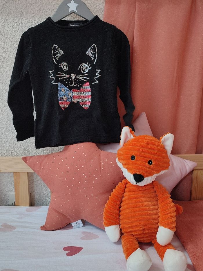 Pull noir avec sequins - Chat - 3 ans - Très bon état - In extenso