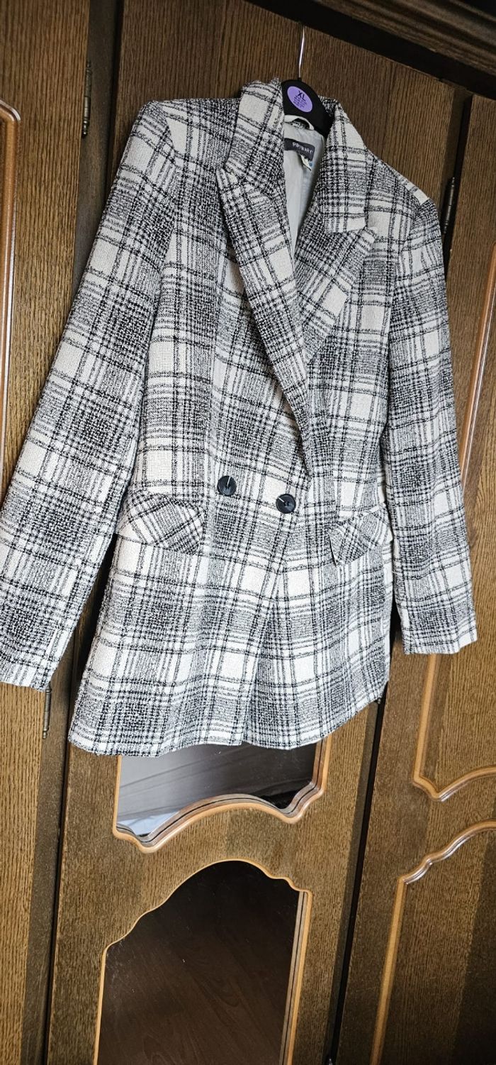 Veste blazer mi saison à carreaux gris et blanc
