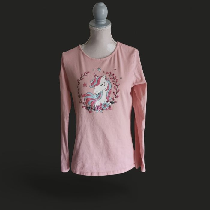 T shirt manches longues rose pâle motif licorne pailleté in extenso taille 12 ans