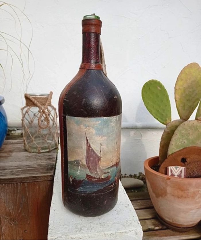 Grande bouteille Jéroboam / (3 L) gainée de cuir avec peinture marine – env H.46,5 cm - photo numéro 2