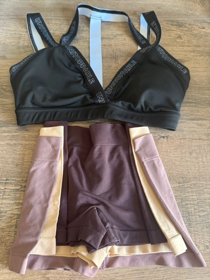 Lot brassière sport + 3 shorts S