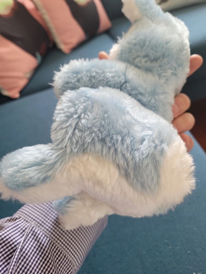 RARE Lapin hochet (fonctionne) Boulgom bras ouverts bleu blanc peluche doudou France collection 28cm - photo numéro 3