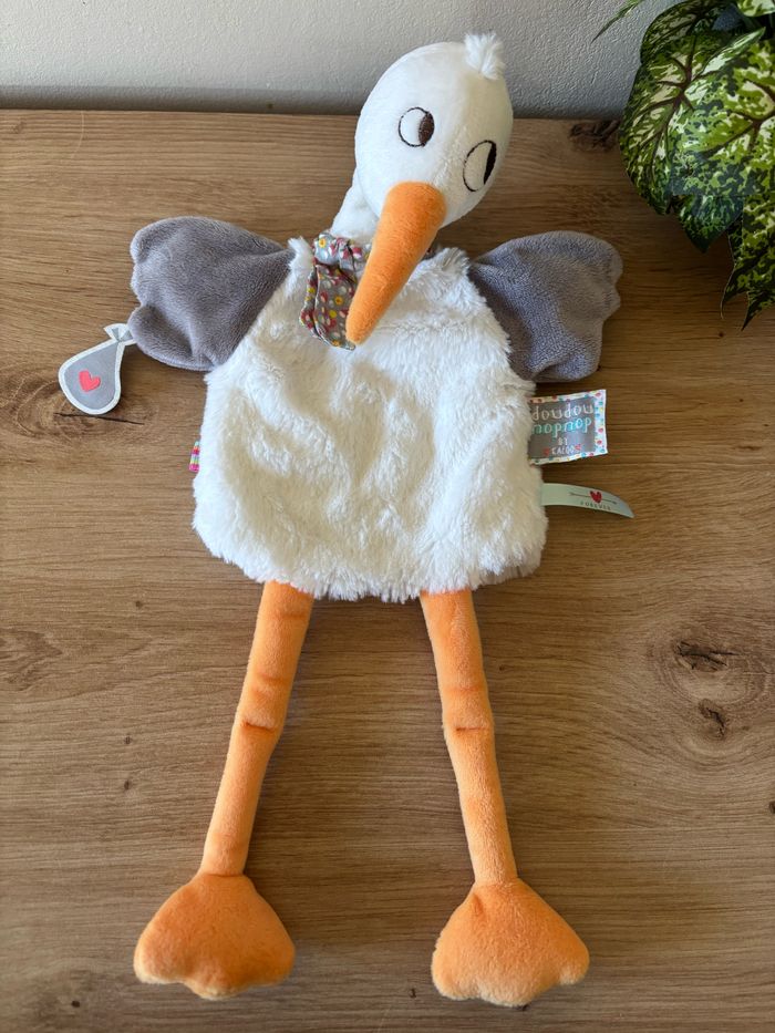 Doudou marionnette cigogne blanc gris orange nopnop kaloo