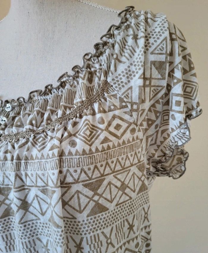 Blouse manches courtes à motifs aztèques écru et beige La Redoute Taille 42 - photo numéro 3