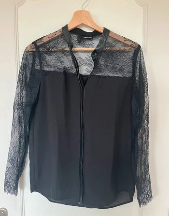 Chemisier chemise top blouse The Kooples dentelle boutonnière cuir taille 1 (36) noir