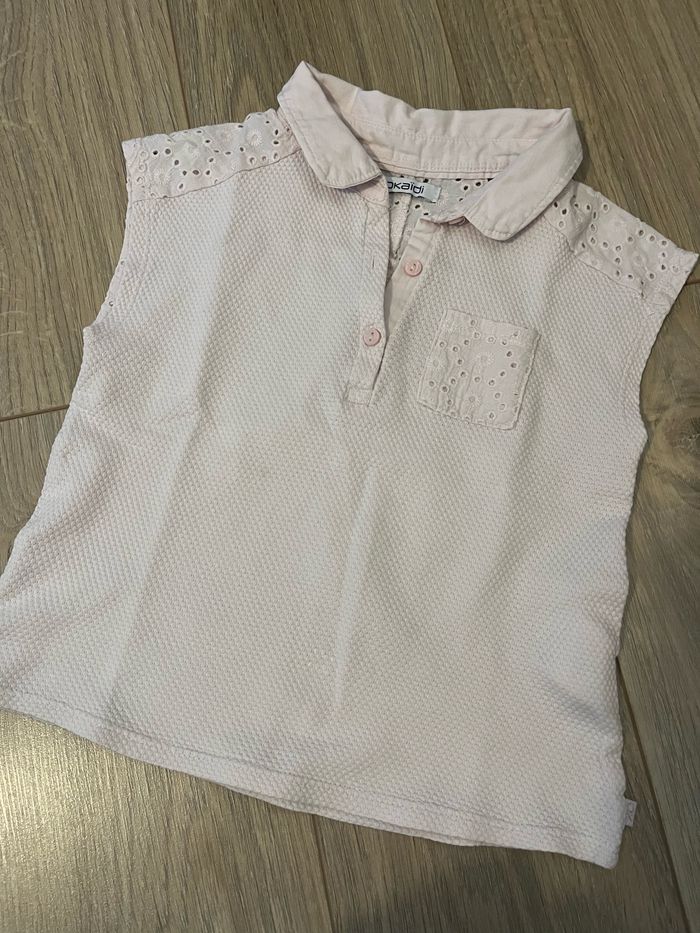 Teeshirt polo rose pale okaidi 5ans broderies anglaises