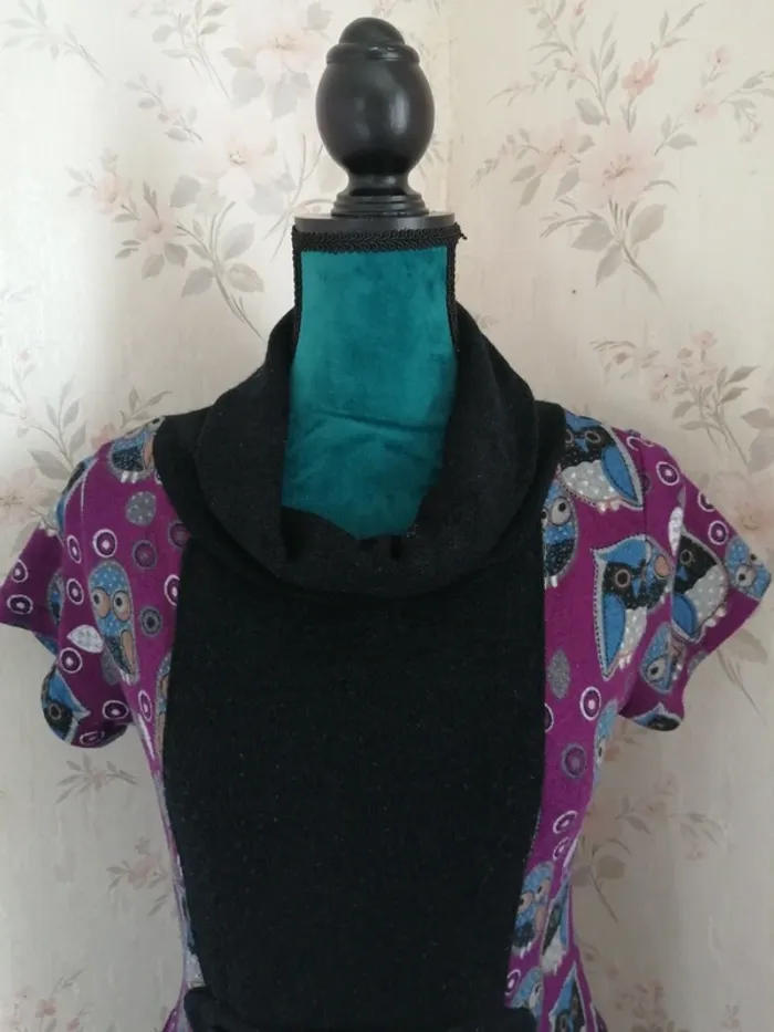 Robe violette à manches courtes motifs hiboux avec col poches et boutons / purple jam / (M) - photo numéro 3