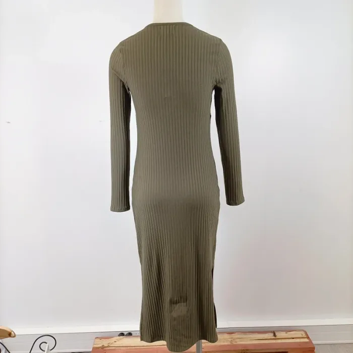 Robe moulante kaki CMT Atelier col carré côtelé, manches longues, fendue mi-mollet A1571 - photo numéro 13