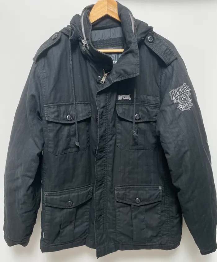 Rip Curl Y2K black zip hood jacket manteau blouson noir Mens L