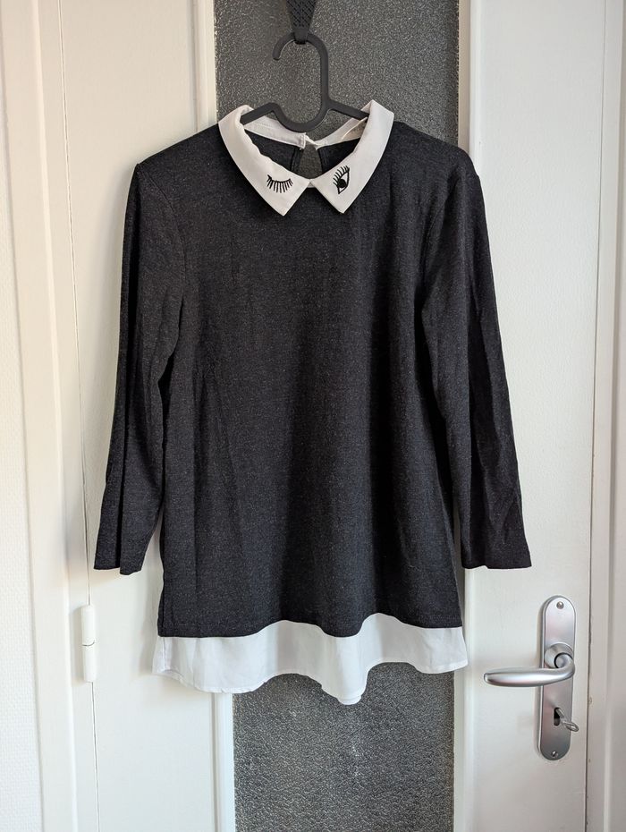 Blouse chemisier grain de malice blanc et gris taille s 36