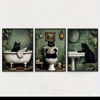 Lots de 3 Tableaux Décorations Murale Toilettes Chat Chic Humour Noir et Blanc Format 30x40 cm (A3) Encadré