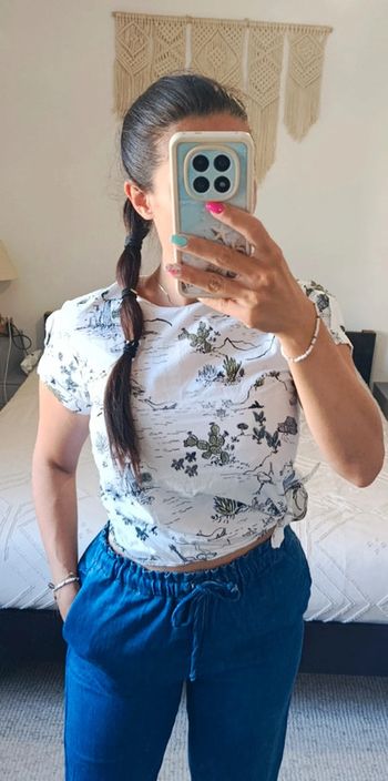 Top t-shirt Zara léger S blanc motif cactus croco soleil 100% coton