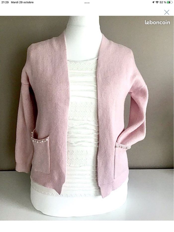 Gilet cardigan rose perles et noeuds T 38/40