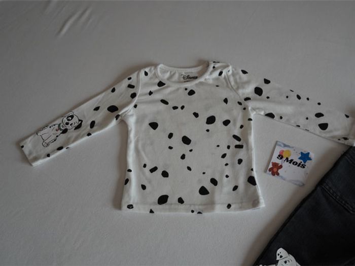 Ens 101 Dalmatiens Disney 9 mois : Salopette Jean noire brodée + Haut écru/noir fantaisie - photo numéro 4