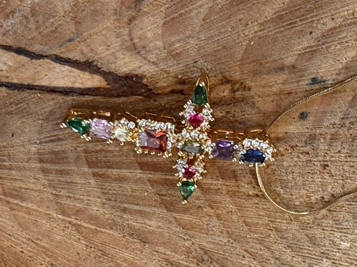 Collier sautoir habaha Paris longue chaîne épaisse acier inoxydable or croix cristaux - photo numéro 5