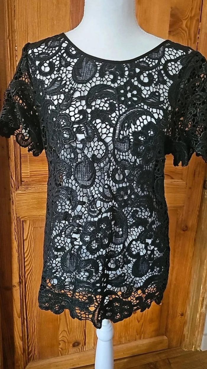 Blouse noire vintage ajourée esprit crochet - photo numéro 2