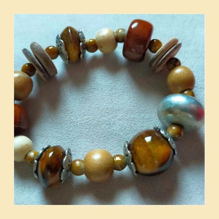 Parure vintage collier + bracelet perles bois & céramique - photo numéro 3