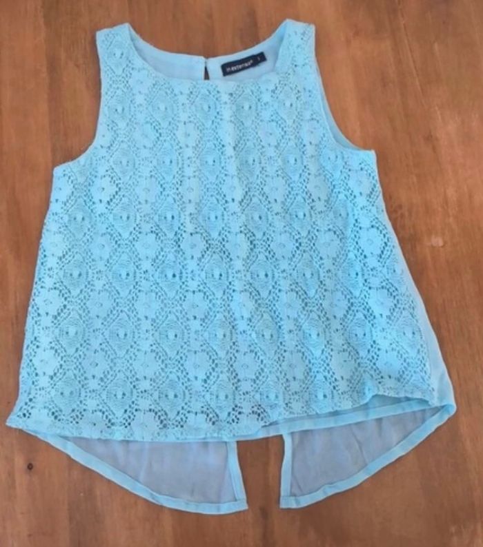 Tee shirt sans manche bleu turquoise à dentelles