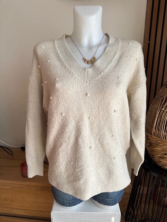 Pull beige avec perles - photo numéro 5