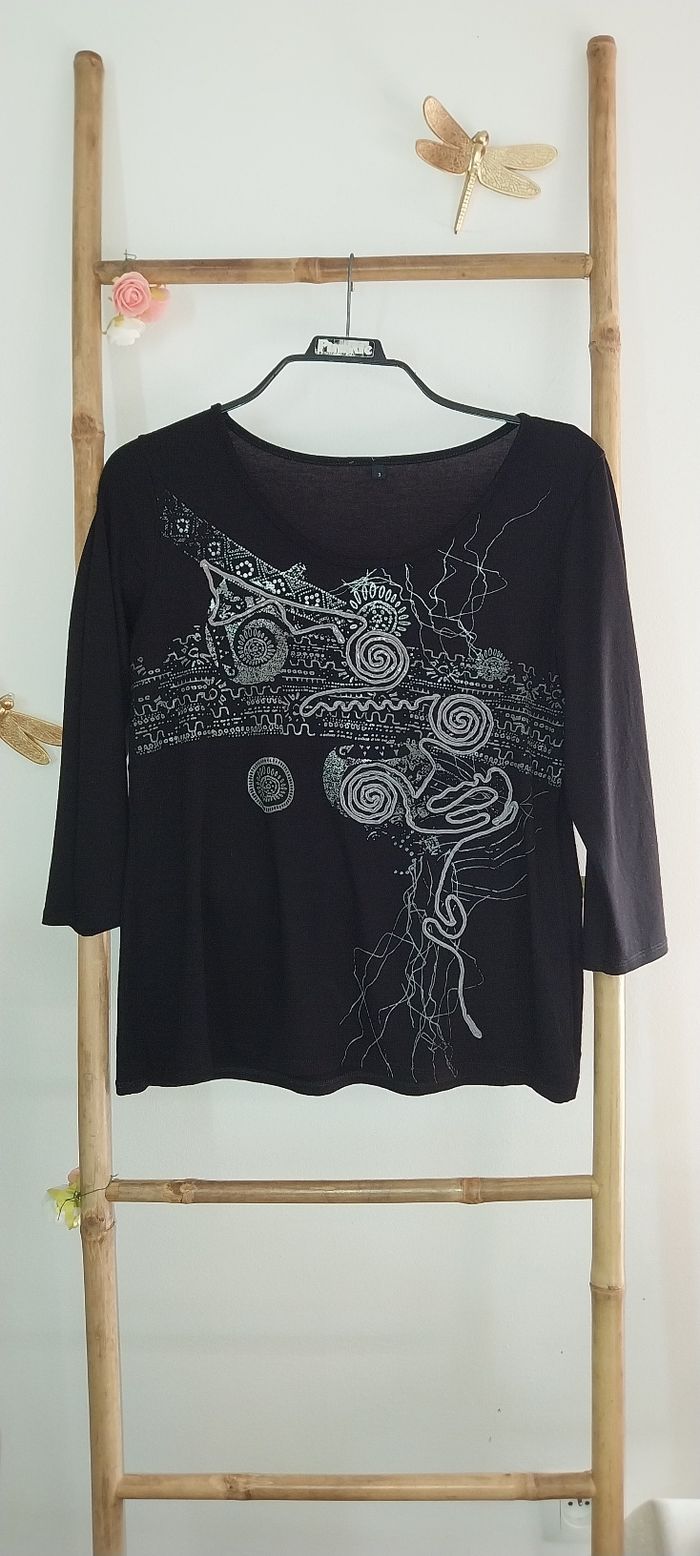 Top/ tunique/ t-shirt manches longues noir Broderies argentées taille 40/ 3 / L excellent état - photo numéro 10