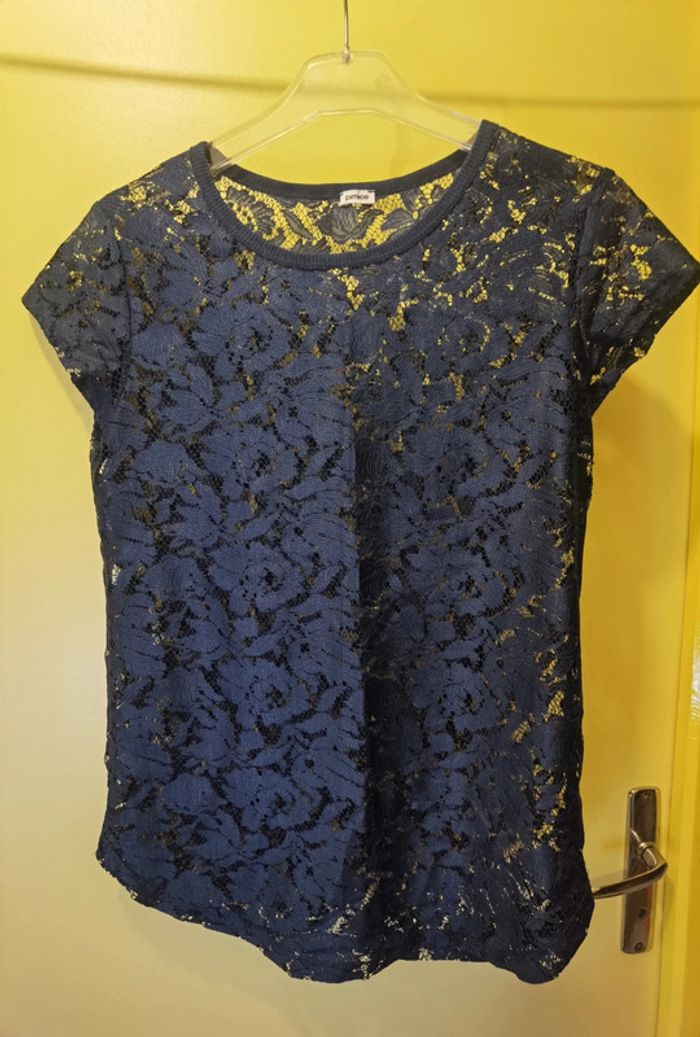 T-shirt transparent dentelle bleu marine