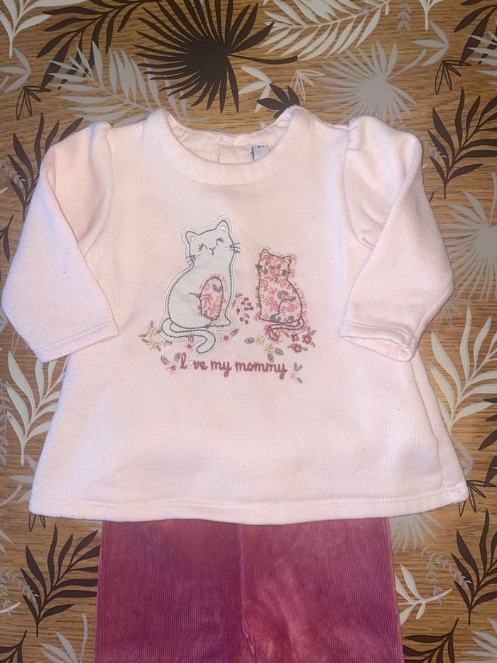 Ensemble 2 pièces pull + legging côtelé rose à motif chat bb 3 mois - photo numéro 2