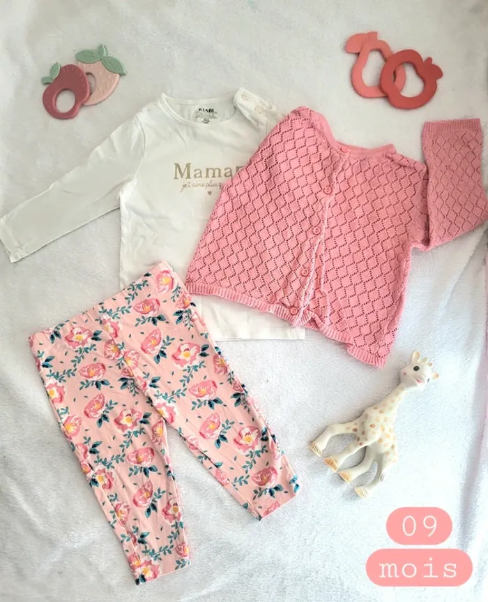 Ensemble 3 pièces rose 09mois