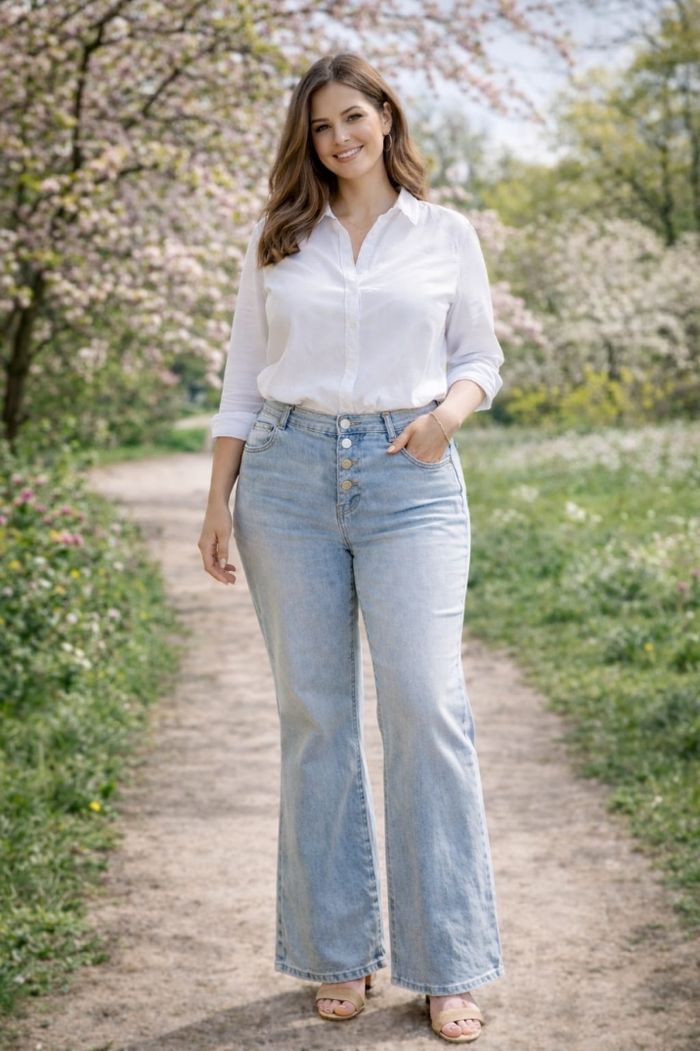 Jean Flare Taille Haute à Boutonnage Apparent - Bleu Clair (Taille 44)