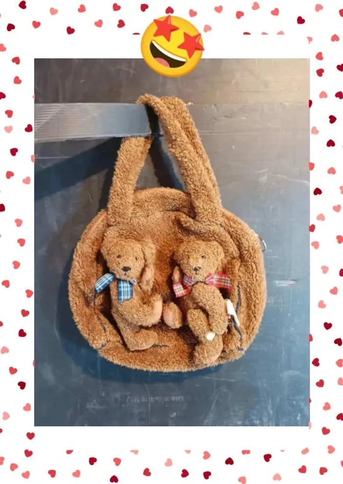 Sac à main vintage tout doux  avec 2 ours en peluche