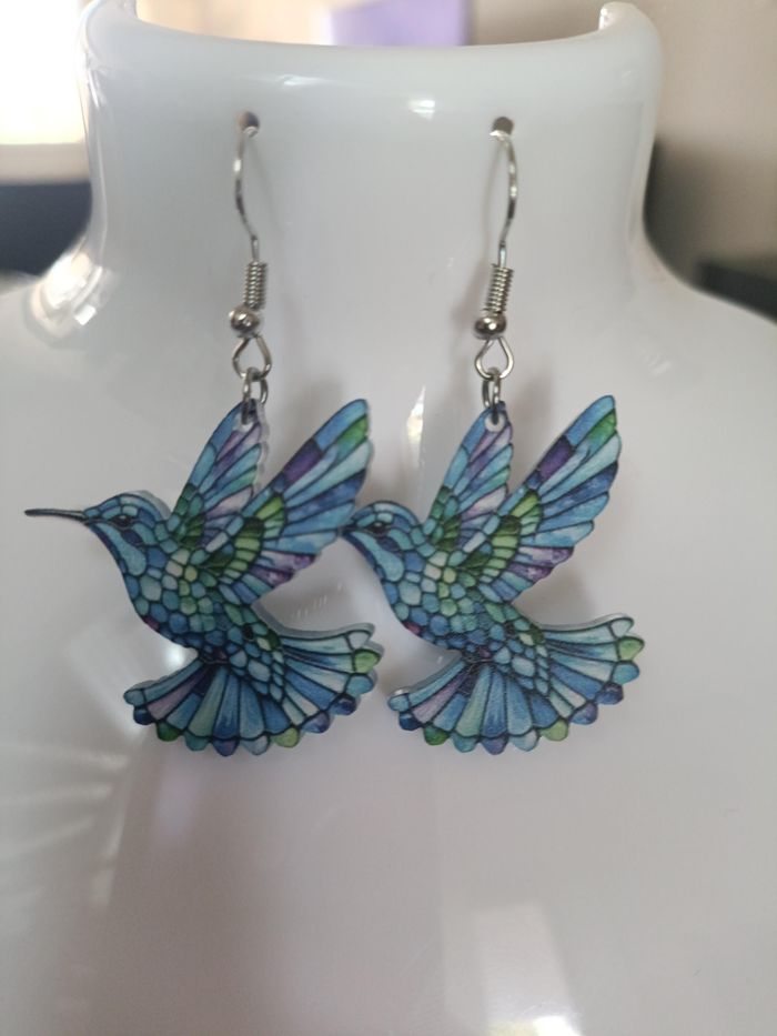 boucles d'oreilles oiseaux bleu acrylique colibri