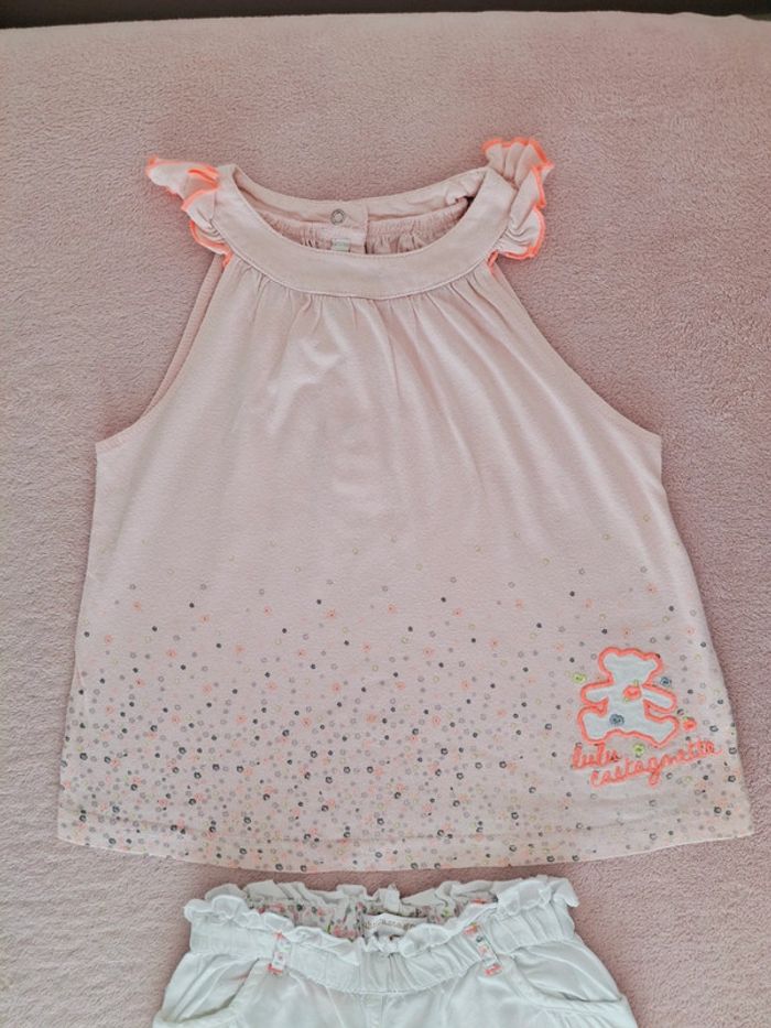 Ensemble Lulu Castagnette 36 mois tunique débardeur rose clair et pantalon blanc 3/4 - photo numéro 2