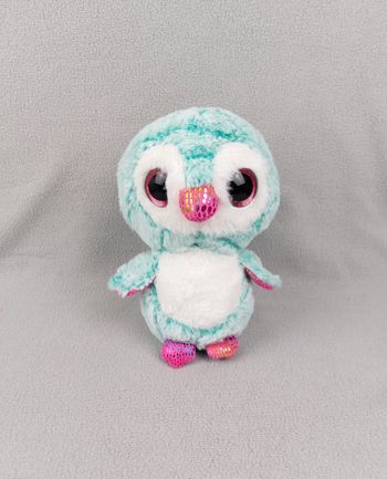 Peluche doudou chouette vert blanc hibou ZDT Action gros yeux rose 25 cm
