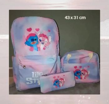 Ensemble scolaire Sac à Dos, Lunchbox et Trousse Stitch & Angel modèle "implosion d'amour"