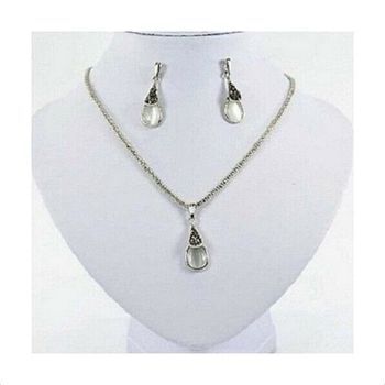 Parure Collier + Boucles Métal Argenté Nacre et Strass