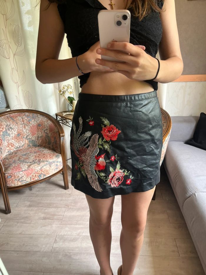Jupe simili-cuir fleurie vintage à zip bohème champêtre country - photo numéro 2