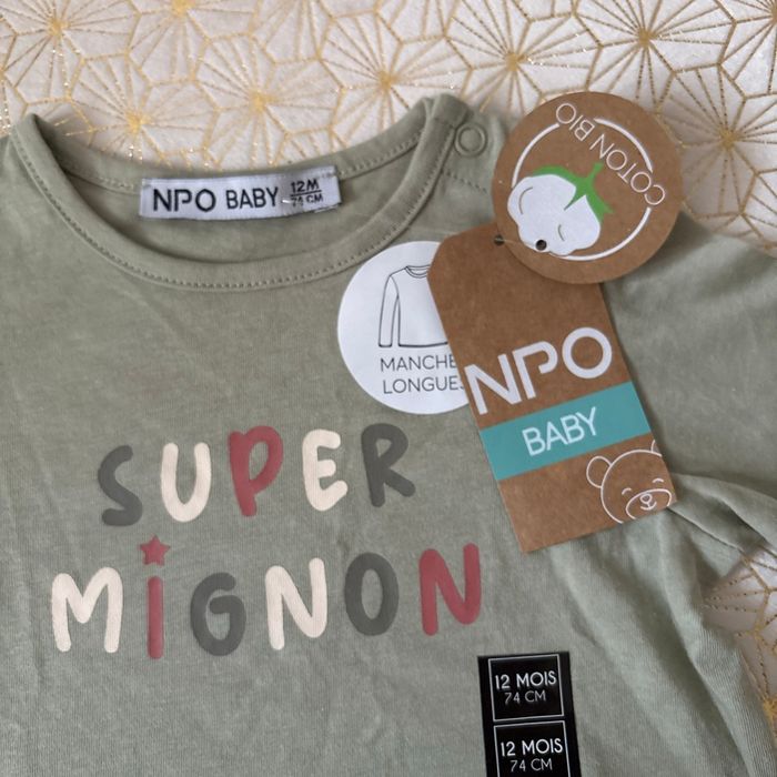 TEE shirt coton BIO  12mois manche longue « super mignon » Neuf NPO - photo numéro 5