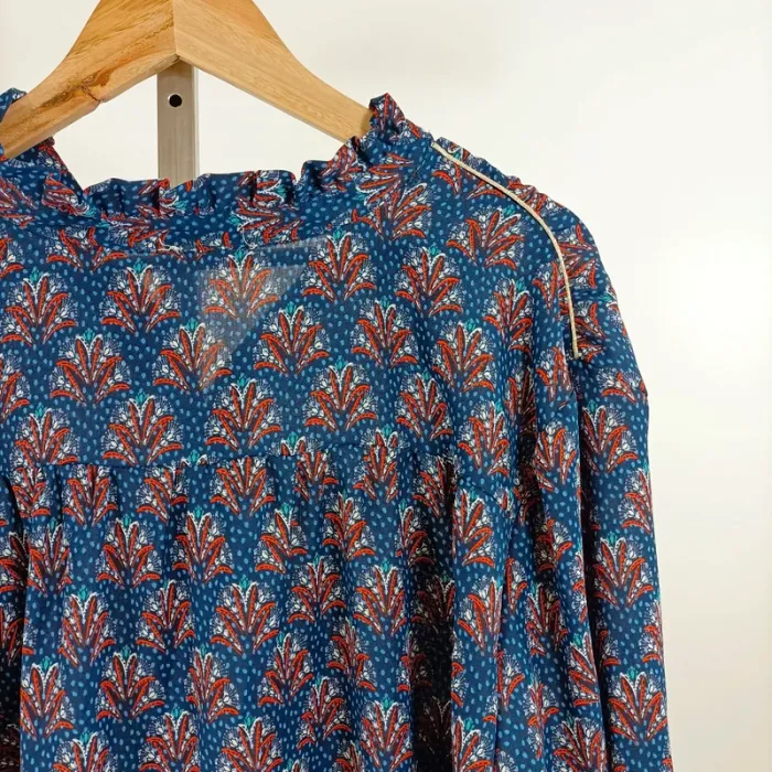 Blouse bohème à motif fleuri bleu et orange - col volanté - Melya Melody T4 A1315 - photo numéro 9