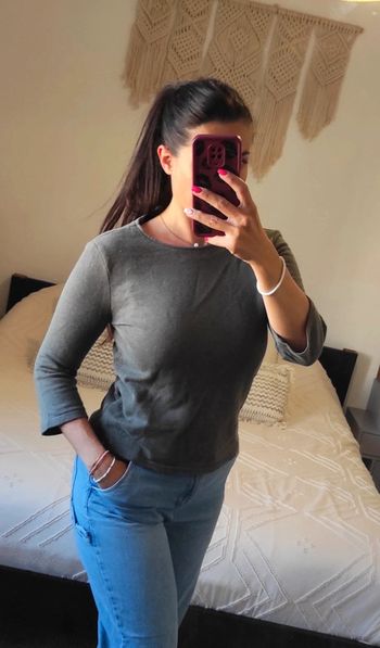 Haut top sweat manches 3/4 Sessùn gris kaki avec fil métallisé rose L