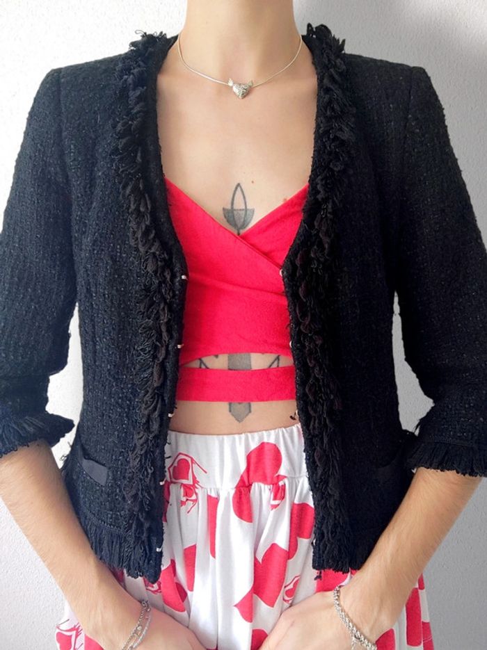 Veste blazer tweed froufrou noir fil argent laine Vintage / Apart - 34/XS ร 36/S - photo numรฉro 6
