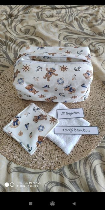 16 lingettes lavables et sa trousse de toilette moltonné