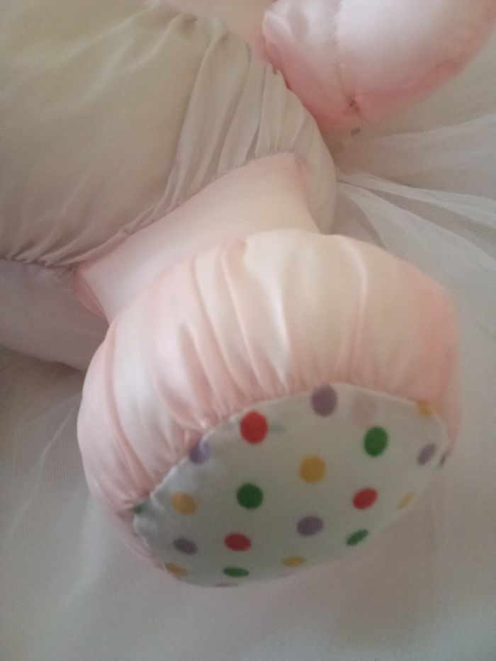 Peluche éléphant rose et parme toile tissu  noeud multicolore arc en ciel  vintage ancien tôle  nylon fine tissu chiffon assis  recousu  d'occasion - photo numéro 6